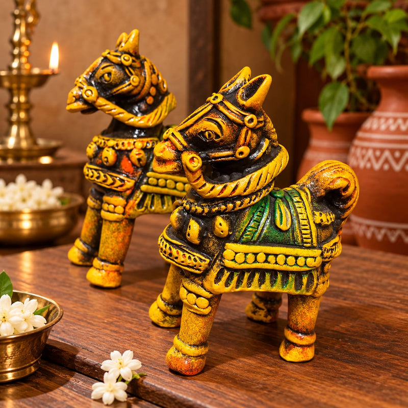 Royal Handmade Terracotta Multi color Horse Pair Showpiece | Traditional Indian Horse Statue | Premium Ethnic Home Décor - 6 inches