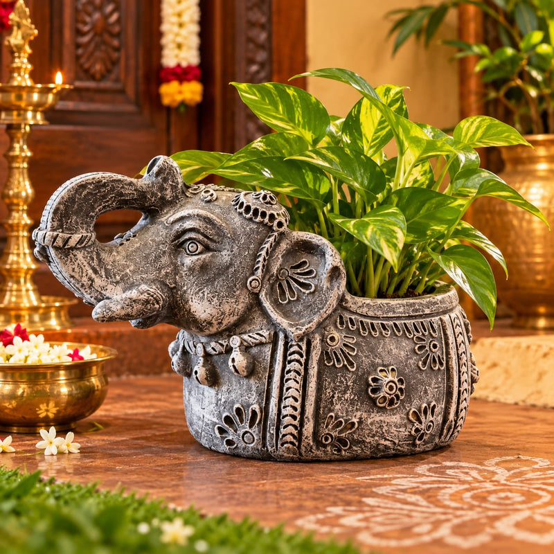 Decorative Elephant Planter – Handcrafted Traditional Elephant Plant Pot - Stone color