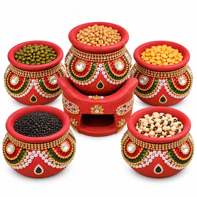 Traditional Decorative Navadhaniyam Terracotta Pot Set with Stove