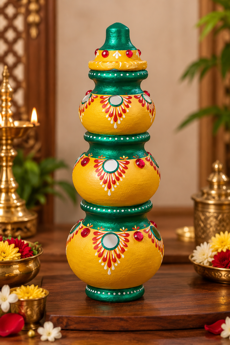 Royal Traditional Pink Gubera Pot – Handcrafted Terracotta Decorative Wealth Pot for Pooja & Home Décor[10inch] - Yellow