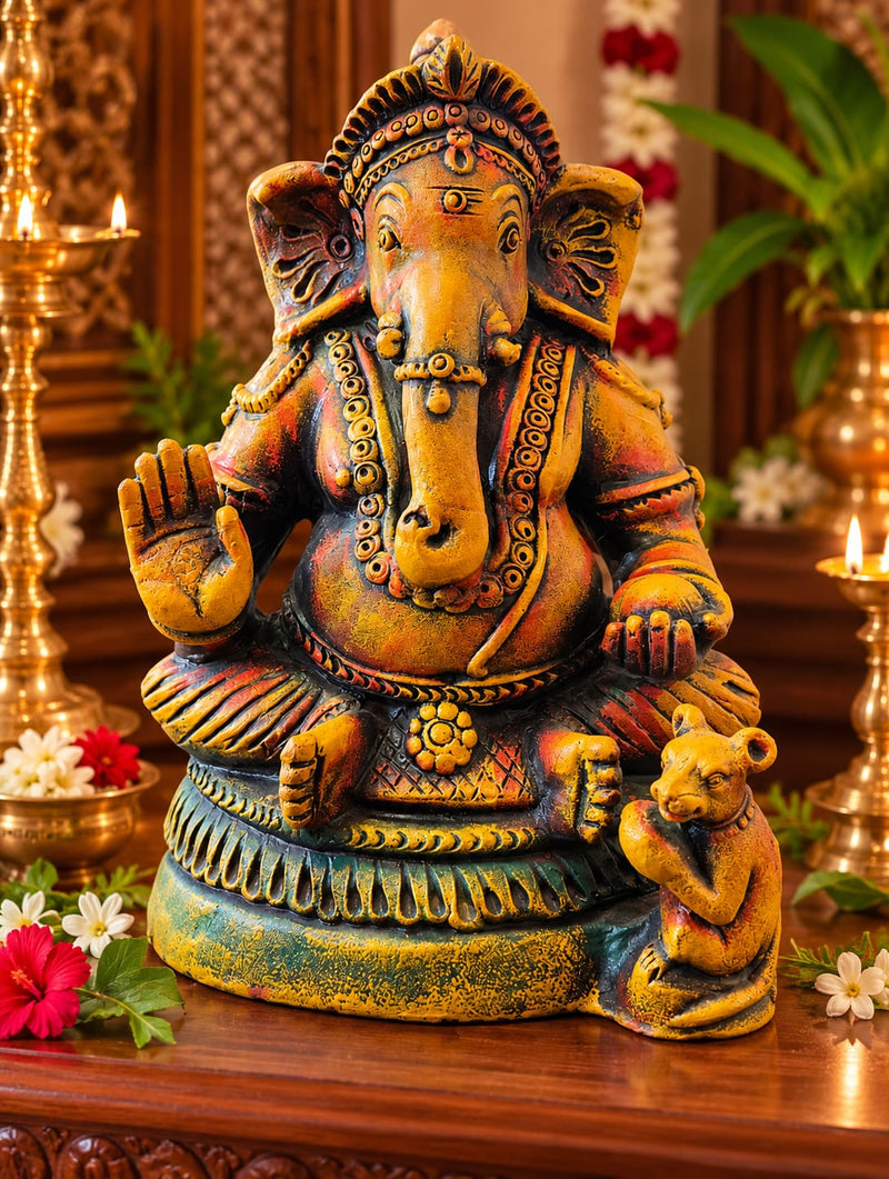 Handcrafted Terracotta Ganesha Idol – Traditional Eco-Friendly Clay Ganesh Statue for Home & Pooja Decor - Multi color 15 inches