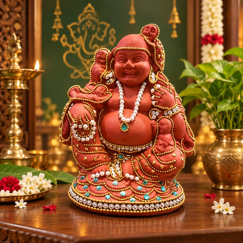 Royal Terracotta Stone Work Gubera Statue | Handmade  Kubera Idol | Traditional Wealth & Prosperity Décor[6INCH=H*L=6*5]