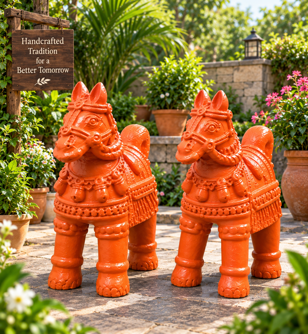 Royal Handmade Terracotta Horse Pair Showpiece | Traditional Indian Horse Statue | Premium Ethnic Home Décor(6inch=H*L=6*6)