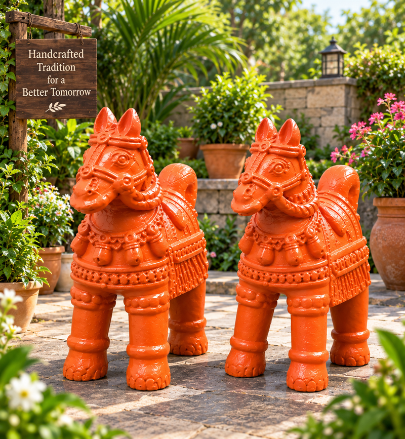 Royal Handmade Terracotta Horse Pair Showpiece | Traditional Indian Horse Statue | Premium Ethnic Home Décor(6inch=H*L=6*6)