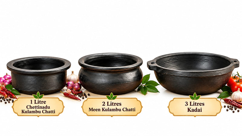 Royal Handmade Terracotta Cookware – 1 Litre Chettinadu Kulambu Chatti, 2 Litres Meen Kulambu Chatti & 3 Litres Kadai
