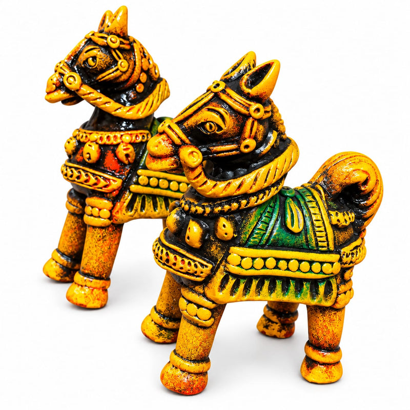 Royal Handmade Terracotta Multi color Horse Pair Showpiece | Traditional Indian Horse Statue | Premium Ethnic Home Décor - 6 inches