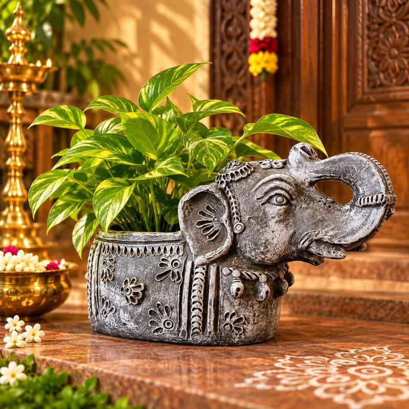 Decorative Elephant Planter – Handcrafted Traditional Elephant Plant Pot - Stone color