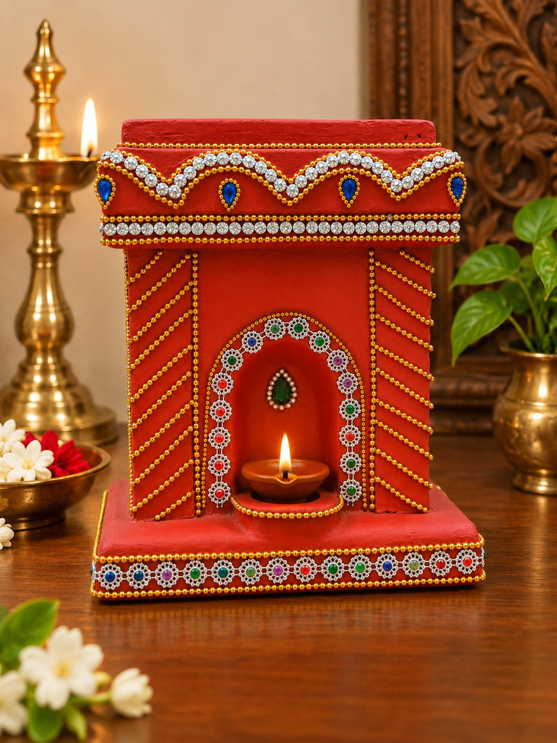 Royal Stone Work Thulasi Pot Showpiece | Traditional Handmade Terracotta Thulasi Maadam | Decorative Pooja Home Décor - 7 inches