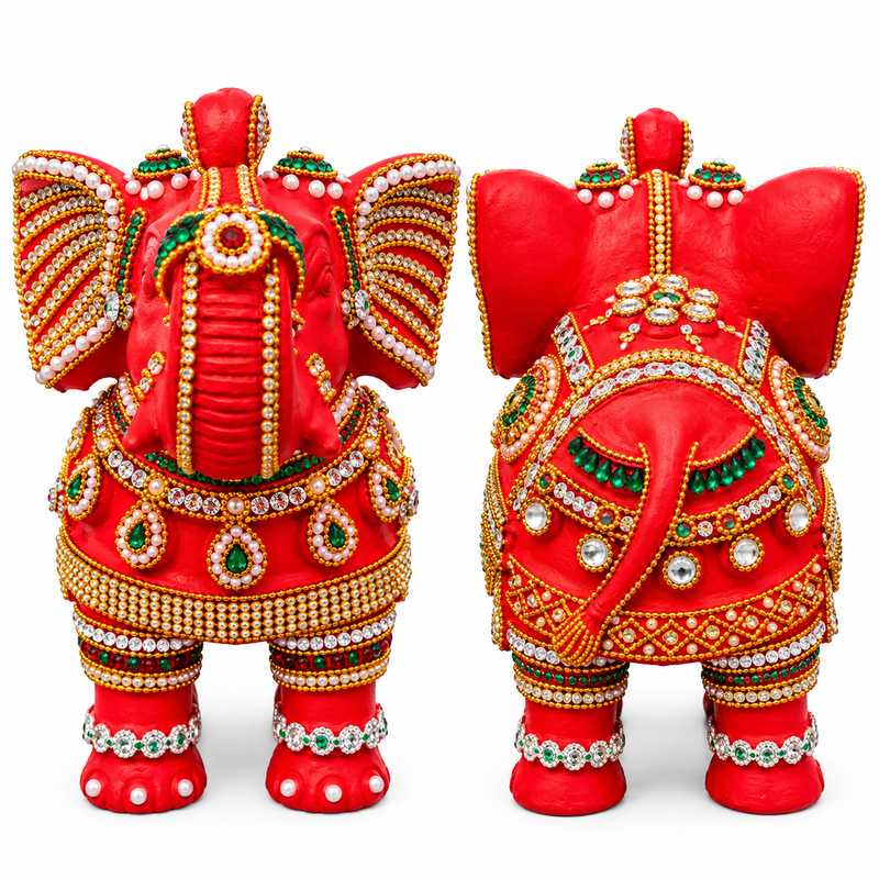 Royal Red Elephant Showpiece Pair | Handcrafted Traditional Elephant Statue | Premium Home Décor - 10 inches
