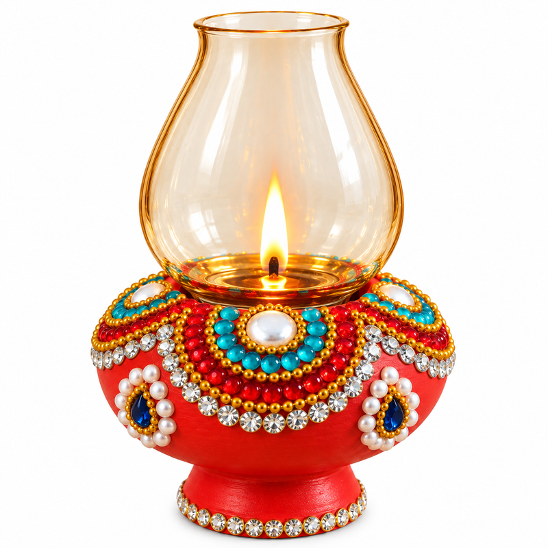 Royal Terracotta Stone Work Chimni Lamp | Handcrafted Traditional Earthen Oil Lamp with Glass Chimney | Decorative Diya for Pooja & Home Décor[5.5inch=H*L=5.5*3.5]