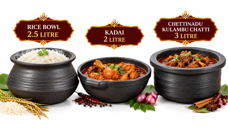 Royal Terracotta Handmade Cookware – 2.5 Litres Rice Bowl, 2 Litres Kadai & 3 Litres Chettinadu Kulambu Chatti