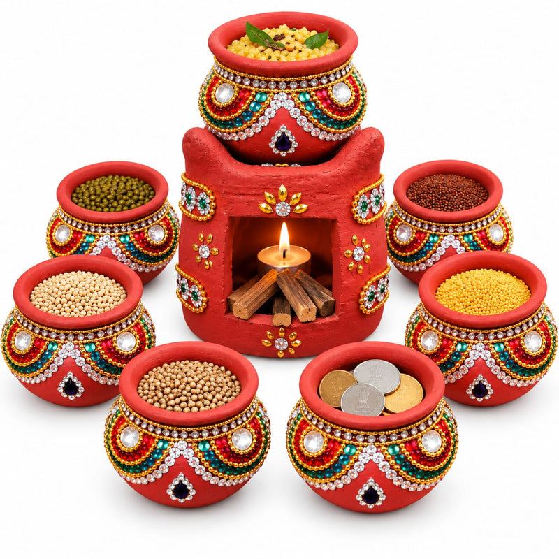 Multicolor Royal Traditional Terracotta Thulasi Maadam | Traditional Handmade Tulsi Brindavan | Divine Pooja Home Décor - 7 pots