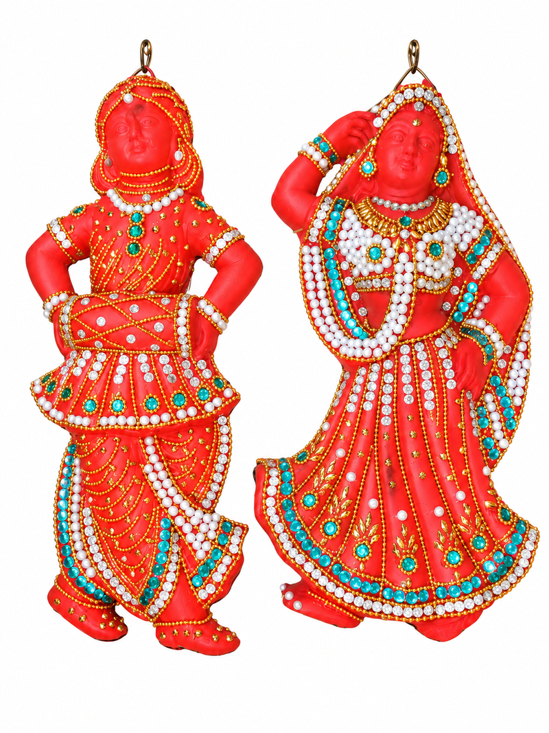 Royal Radha Krishna Wall Hanging Statue | Handcrafted Terracotta Stone Work Couple Idol[PAIR] | Traditional Indian Home Décor[9INCH=H*L=9*4]