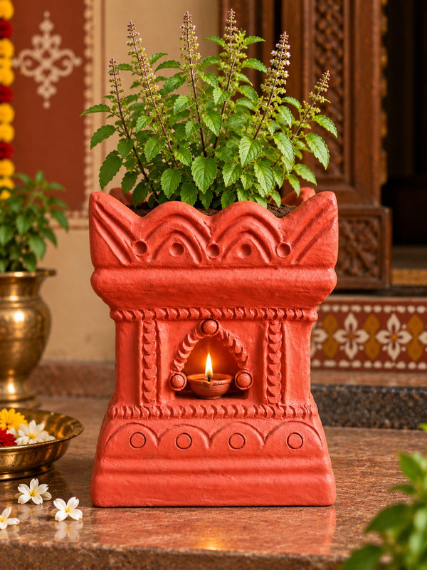 Royal Traditional Terracotta Thulasi Pot | Handmade Decorative Tulasi Maadam Planter for Home & Pooja Room - 8 inches