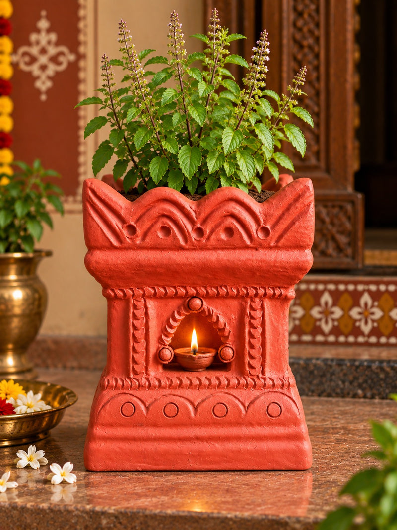 Royal Traditional Terracotta Thulasi Pot | Handmade Decorative Tulasi Maadam Planter for Home & Pooja Room - 8 inches