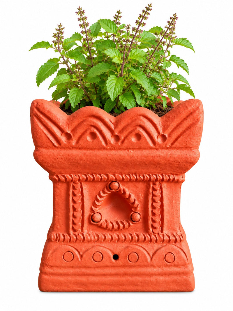 Royal Traditional Terracotta Thulasi Pot | Handmade Decorative Tulasi Maadam Planter for Home & Pooja Room - 10 inches
