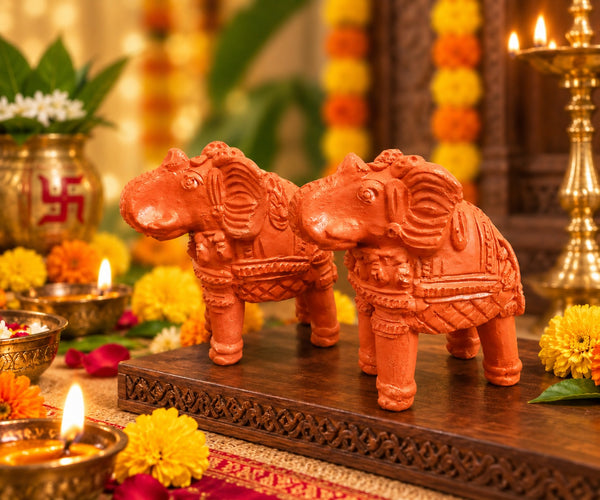 Royal Luxury Terracotta Elephant Pair Showpiece | Traditional Handmade Indian Elephant Statue | Premium Home Décor - 4 inches