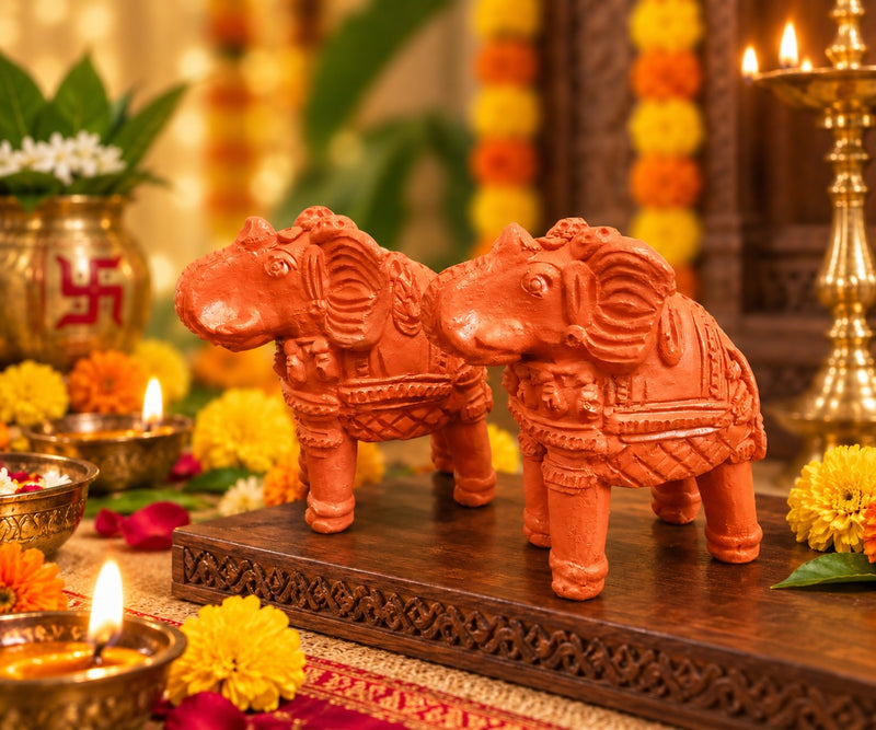Royal Luxury Terracotta Elephant Pair Showpiece | Traditional Handmade Indian Elephant Statue | Premium Home Décor - 4 inches