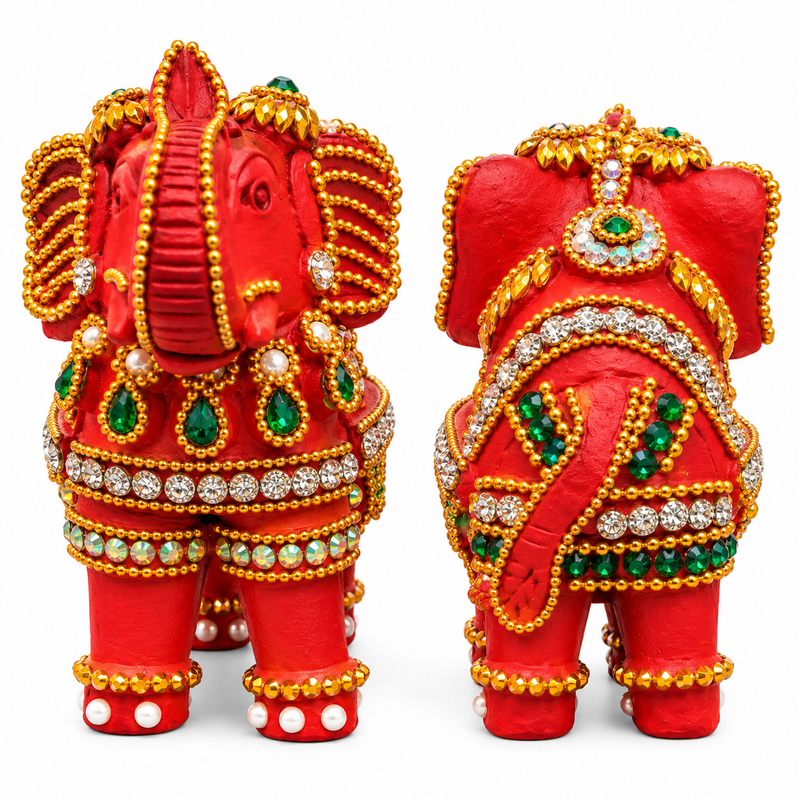 Royal Red Elephant Showpiece Pair | Handcrafted Traditional Elephant Statue | Premium Home Décor - 4 inches