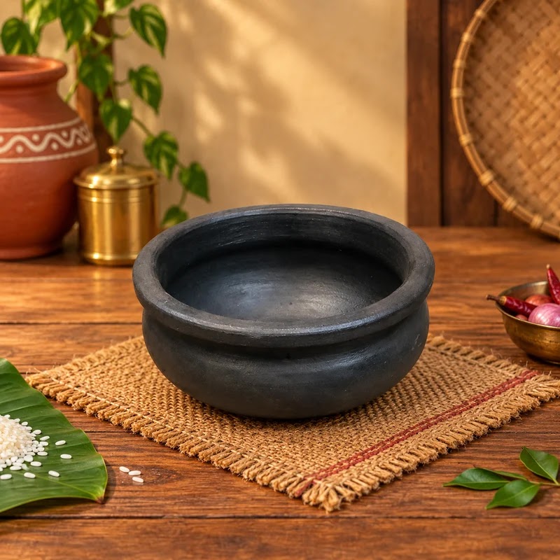 Earthen Black Clay Meen Kulambu Chatti | Traditional South Indian Fish Curry Pot | Handmade Clay Cooking Pot - 1 litre