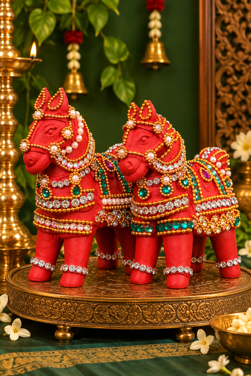 Royal Handmade Terracotta Stone Work Horse Pair Showpiece | Traditional Indian Horse Statue | Luxury Ethnic Home Décor - 4 inches