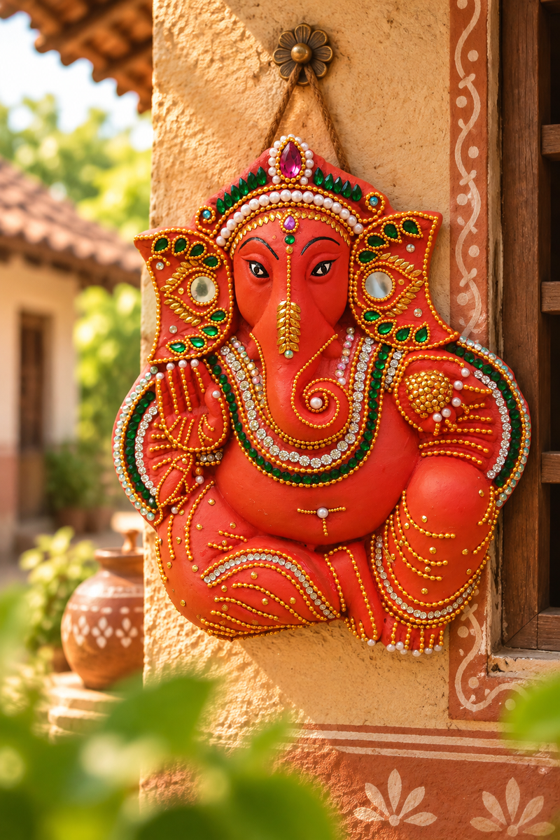 Royal Traditional Terracotta Stone Work Lord Ganesha Wall Hanging – Handcrafted Pooja & Home Décor[9inch=H*L=9*8]