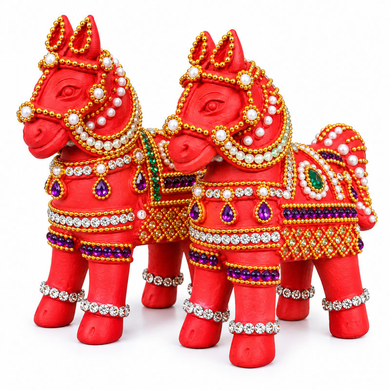 Royal Handmade Terracotta Stone Work Horse Pair Showpiece | Traditional Indian Horse Statue | Luxury Ethnic Home Décor - 7 inches
