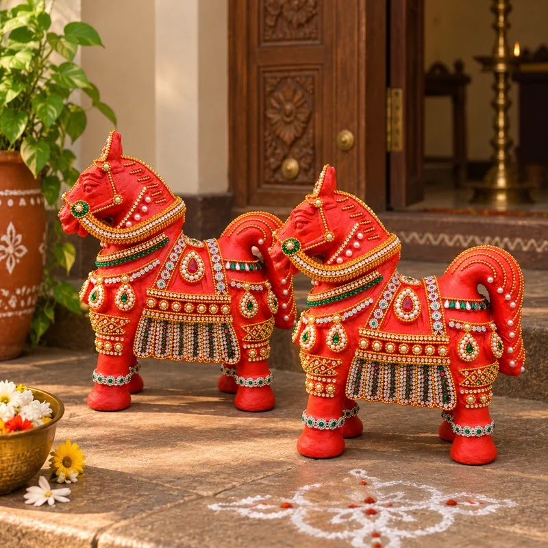 Royal Handmade Terracotta Stone Work Horse Pair Showpiece | Traditional Indian Horse Statue | Luxury Ethnic Home Décor - 12 inches