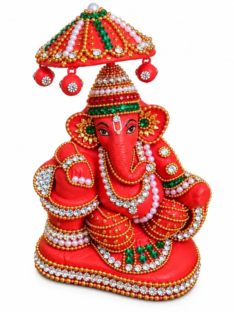 Royal Divine Stone Work Terracotta Umbrella Vinayagar Statue | Traditional Handmade Ganesha Idol