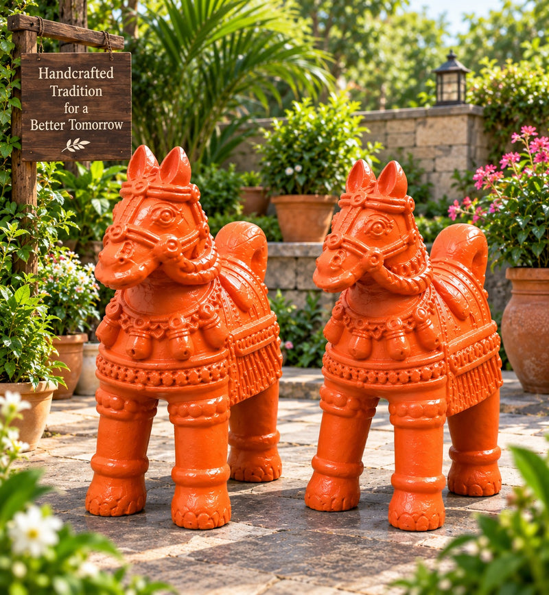 Royal Handmade Terracotta Horse Pair Showpiece | Traditional Indian Horse Statue | Premium Ethnic Home Décor - 6 inches