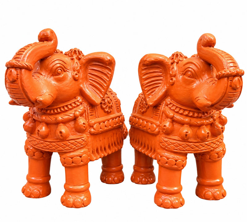 Royal Luxury Terracotta Elephant Pair Showpiece | Traditional Handmade Indian Elephant Statue | Premium Home Décor - 10 inches