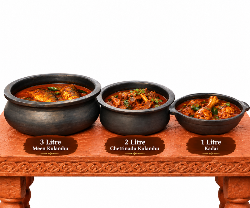 Royal Black Clay Meen Kulambu Chatti 3litre, Chettinadu Kulambu Chatti 2litre & Kadai 1litre Combo | Handmade Traditional Earthen Clay Cookware Set