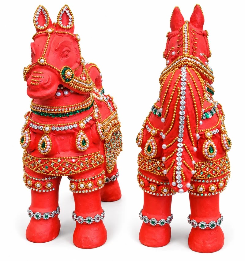 Royal Handmade Terracotta Stone Work Horse Pair Showpiece | Traditional Indian Horse Statue | Luxury Ethnic Home Décor - 12 inches