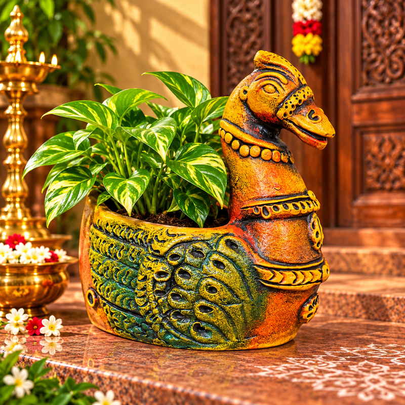 Handcrafted Terracotta Duck Planter – Traditional Decorative Clay Planter - 8 inch - Multi color