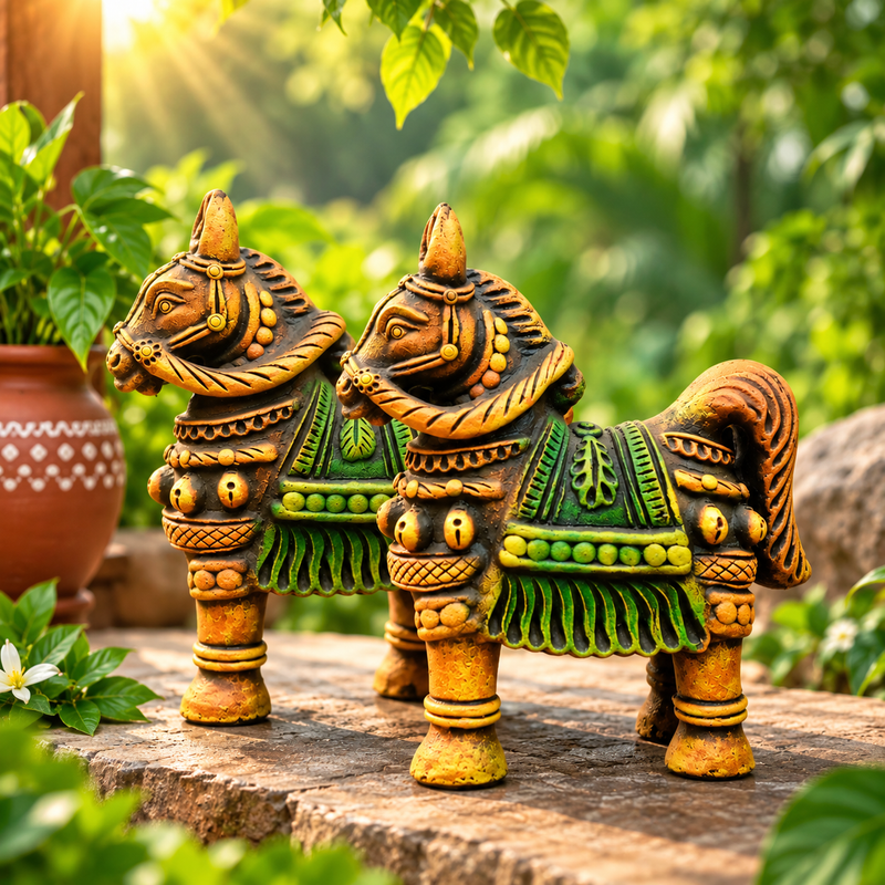 Royal Handmade Terracotta Multi color Horse Pair Showpiece | Traditional Indian Horse Statue | Premium Ethnic Home Décor - 10 inches
