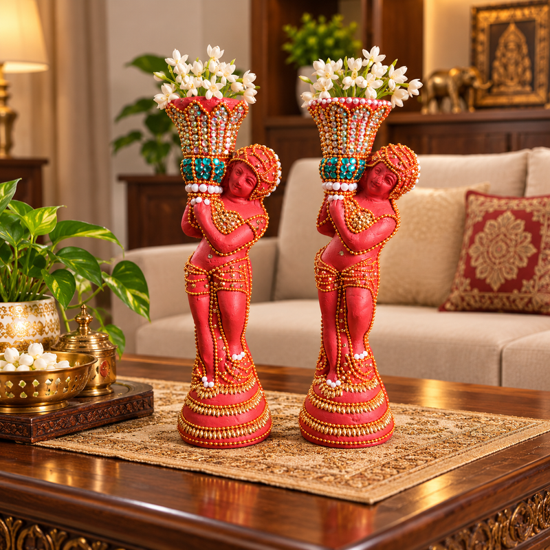 Royal Terracotta Stone Work Traditional Lady Flower Holder [PAIR]| Handmade Decorative Flower Vase for Home Décor[9inch=H*L=9*3]