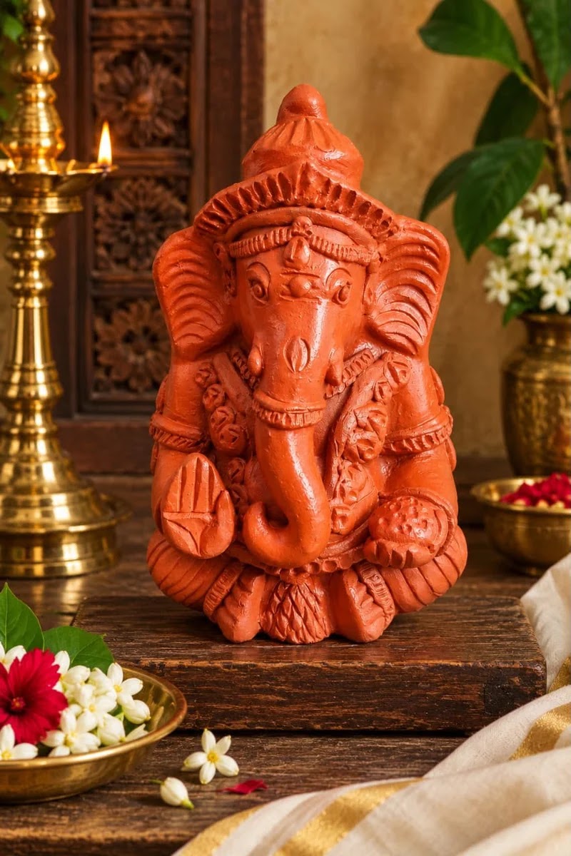 Royal Terracotta Lord Ganesha Idol – Traditional Handmade Clay Ganesh Statue for Pooja & Home Décor - 5 inch