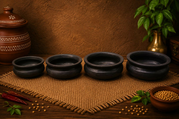 Earthen Black Clay Cooking Pot (Meen Kulambu Chatti Combo) – 1L, 1.5L, 2L & 3L | 100% Chemical Free & Gas Stove Safe