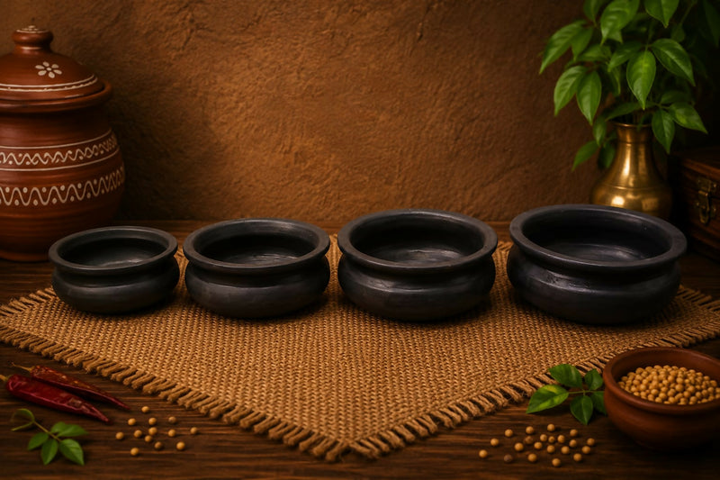 Earthen Black Clay Cooking Pot (Meen Kulambu Chatti Combo) – 1L, 1.5L, 2L & 3L | 100% Chemical Free & Gas Stove Safe