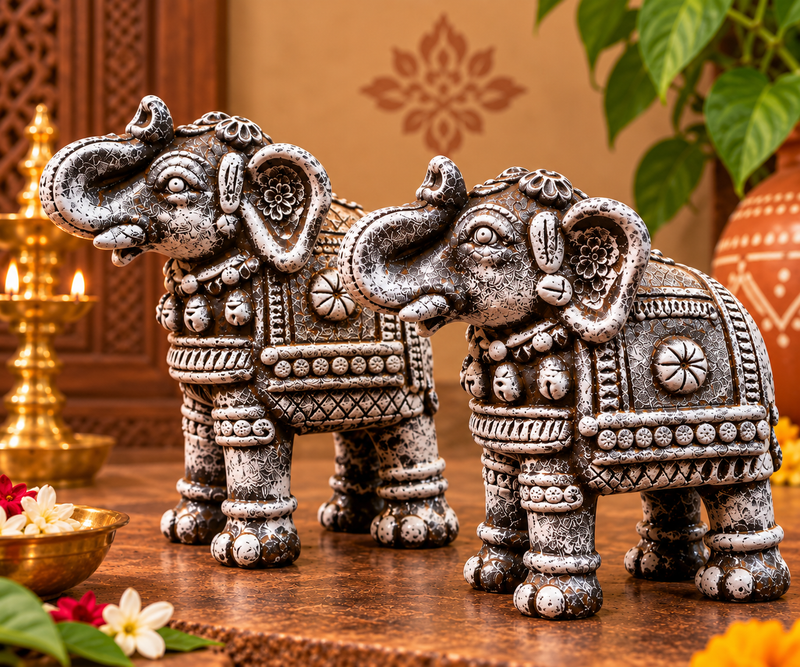 Royal Stone Color Terracotta Elephant Pair Showpiece | Traditional Indian Handmade Elephant Statue | Luxury Home Décor 10 inch