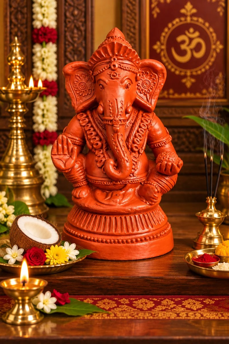 Royal Terracotta Lord Ganesha Idol – Traditional Handmade Clay Ganesh Statue for Pooja & Home Décor - 10 inch