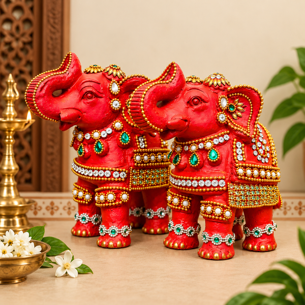 Royal Red Elephant Showpiece Pair | Handcrafted Traditional Elephant Statue | Premium Home Décor - 6 inches