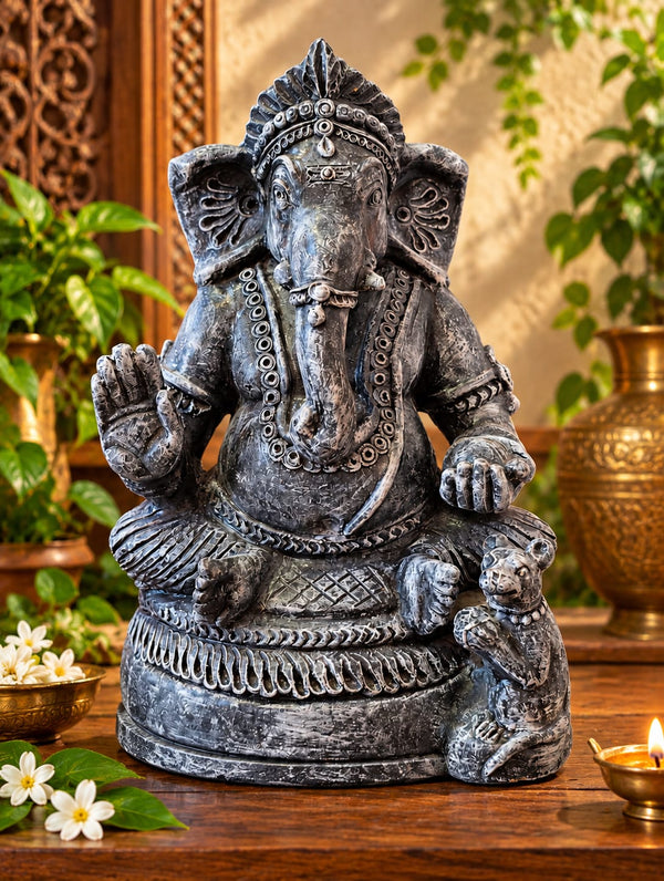 Handcrafted Terracotta Ganesha Idol – Traditional Eco-Friendly Clay Ganesh Statue for Home & Pooja Decor - Stone color 15 inches
