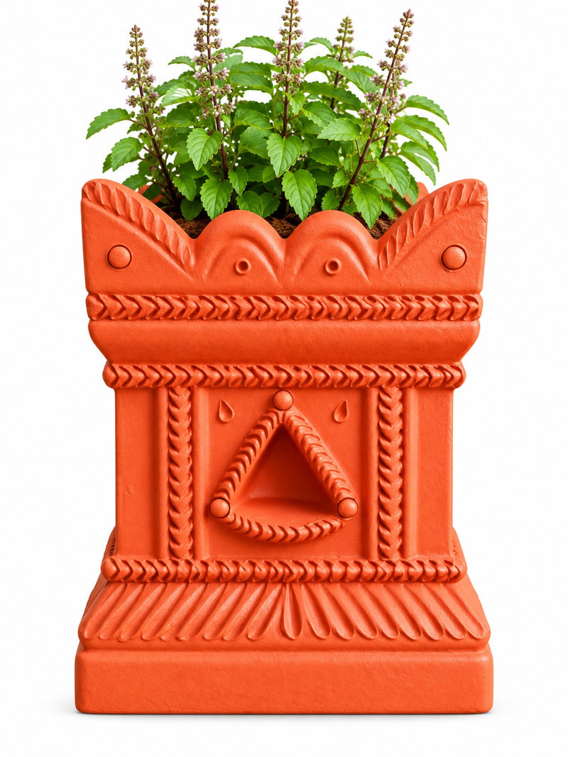 Royal Traditional Terracotta Thulasi Pot | Handmade Decorative Tulasi Maadam Planter for Home & Pooja Room - 8 inches