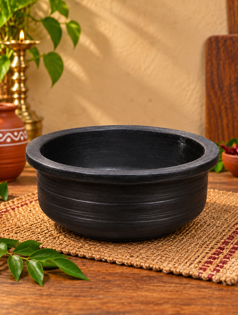 Royal Chettinadu Black Clay Kulambu Chatti | Handmade Earthen Clay Cooking Pot | Traditional South Indian Cookwares  - 3 litres