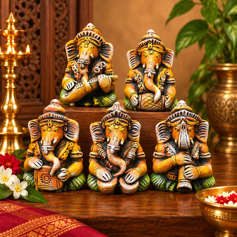 Divine Royal 5-Piece Multicolor Instrumental Vinayagar Statue Set | Traditional Ganesha Musical Idol Combo | Premium Spiritual Home Décor 1 Statue=(6inch=H*L=6*6)