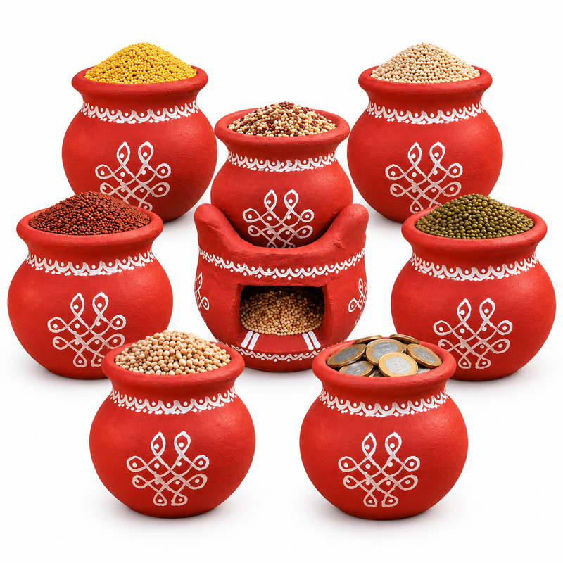 Royal Navadhaniyam Pot Set 7Pots | Traditional Handmade Terracotta Art Work Pots | Festive Home Décor[3INCH=H*L=3*2]