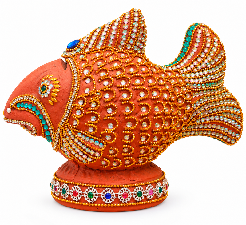 Royal Terracotta Stone Work Fish Money Bank | Handmade Traditional Fish Coin Bank | Decorative Home Décor[6inch=H*W*L=6*4.10*8]