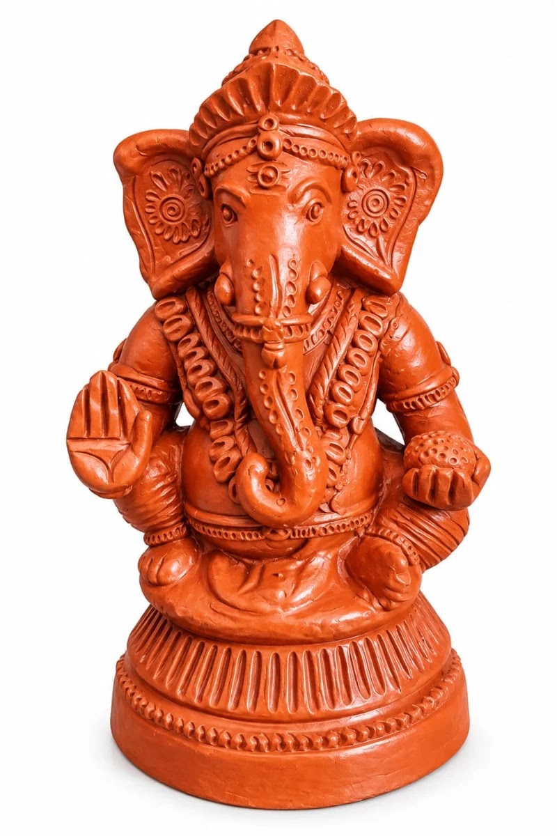 Royal Terracotta Lord Ganesha Idol – Traditional Handmade Clay Ganesh Statue for Pooja & Home Décor - 10 inch