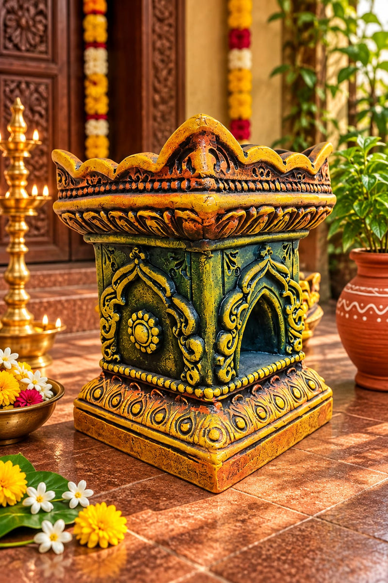 Multicolor Royal Traditional Terracotta Thulasi Maadam | Traditional Handmade Tulsi Brindavan | Divine Pooja Home Décor - 11 inches